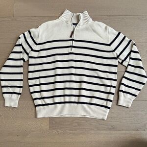 Brandy Melville Women’s Zip-Up Sweater -Cream and Black Stripes